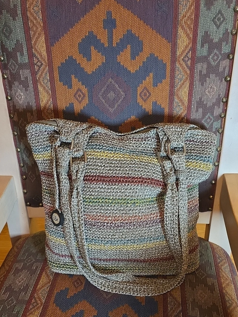 The Sak Belle Voyager Stripe Crochet Boho Hobo Shoulder Bag EUC